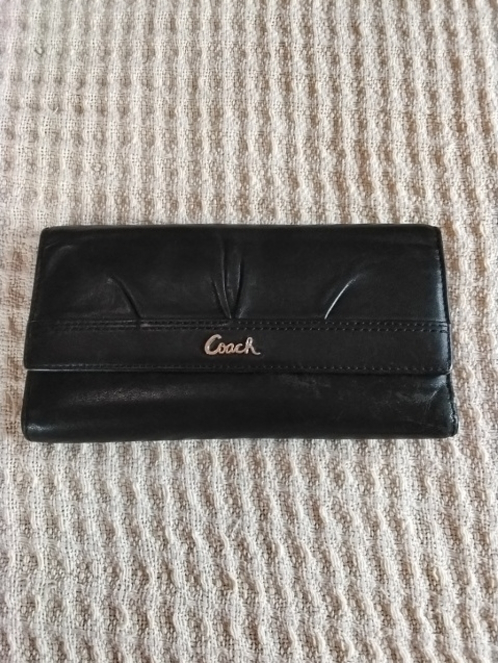 Coach Black Leather Fold-Over Wallet with Gold Logo